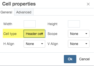 Table cell properties option showing general tab