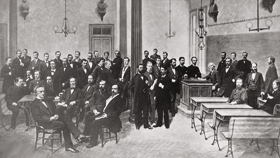 1877 - Class photo of law students, then named the Union College of Law, with the faculty. 