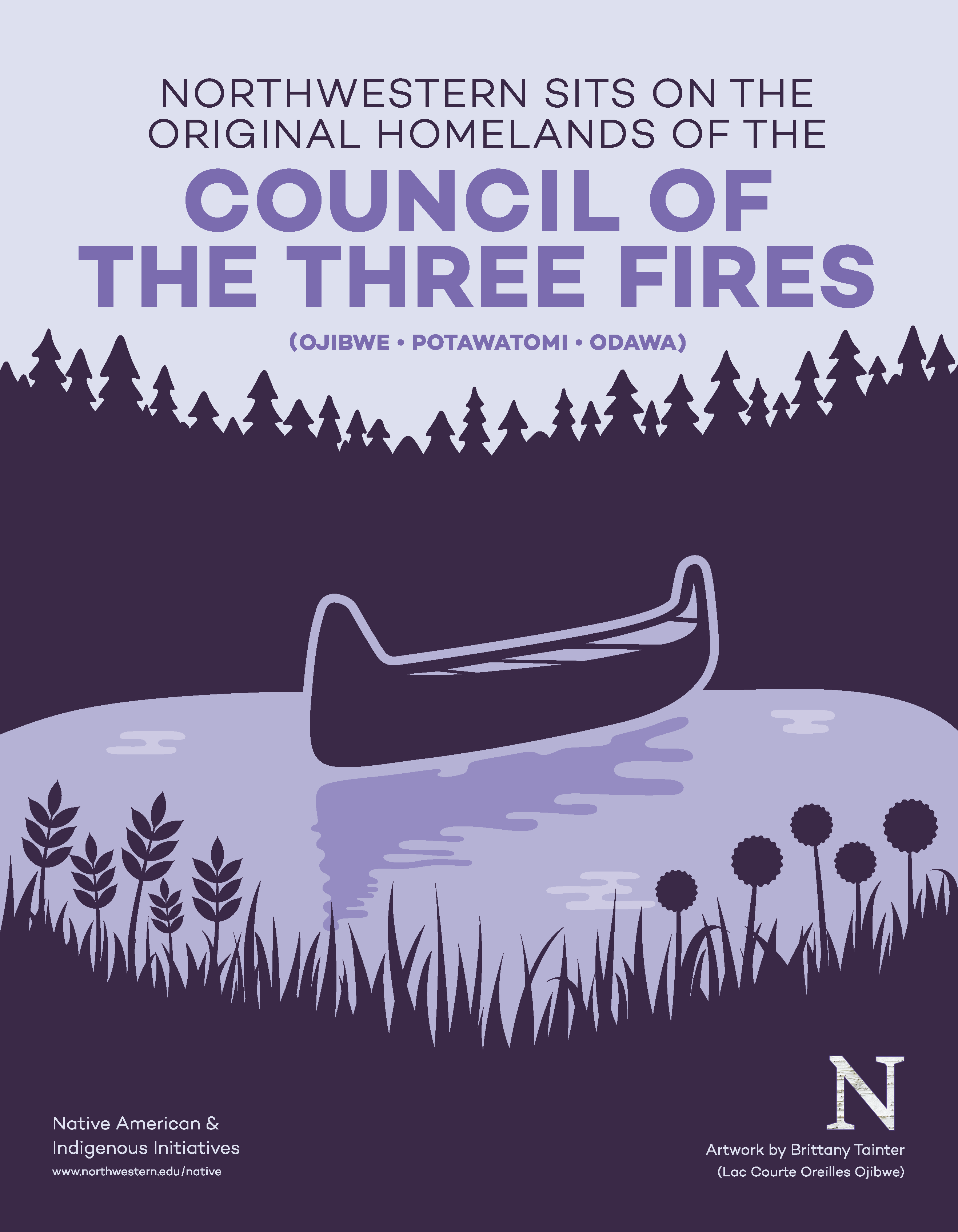 land acknowledgement poster of canoe, lake, onion, wild rice and trees