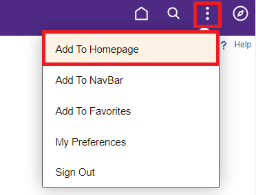 A screenshot of using the action drop down to save a page to the homepage