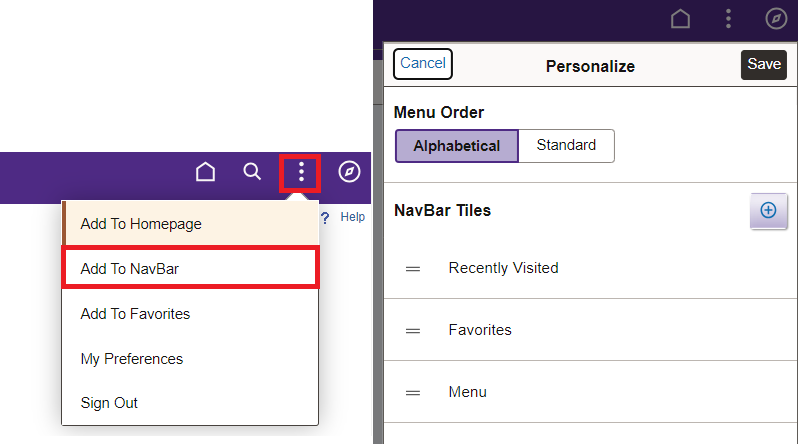 A screenshot showing both methods of adding a page to the NavBar, the left being from the page and the right using the settings menu to add a page