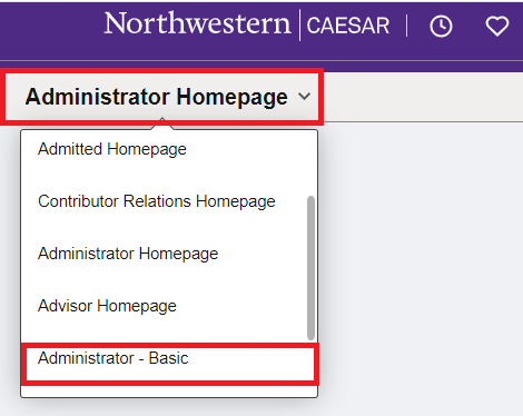 A screen shot of the drop down and selecting the Administrator - Basic page