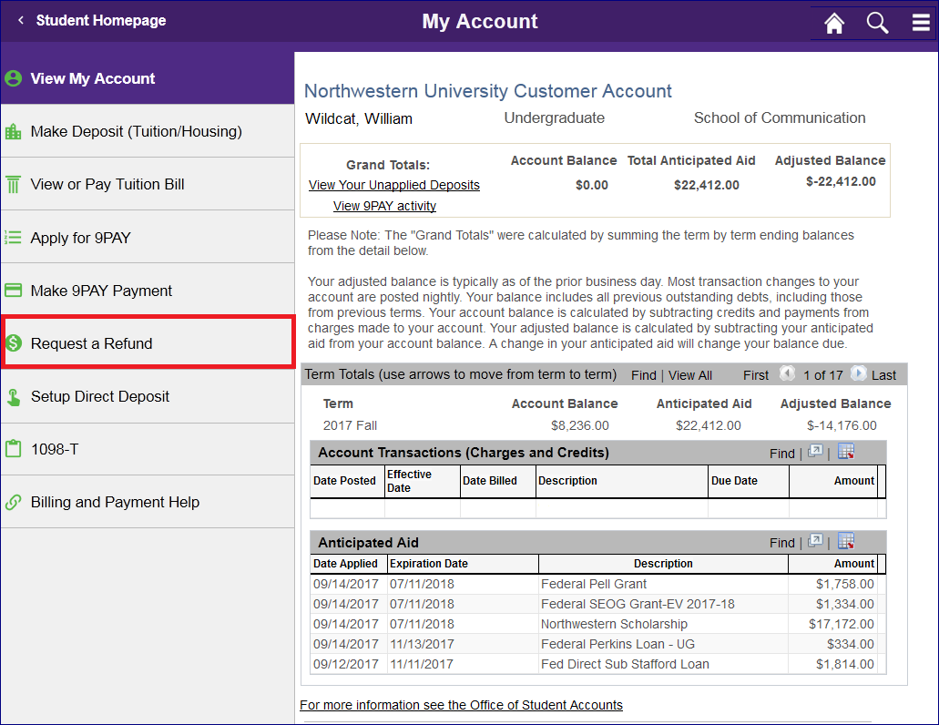 Request a Refund Student Enterprise Systems Northwestern University