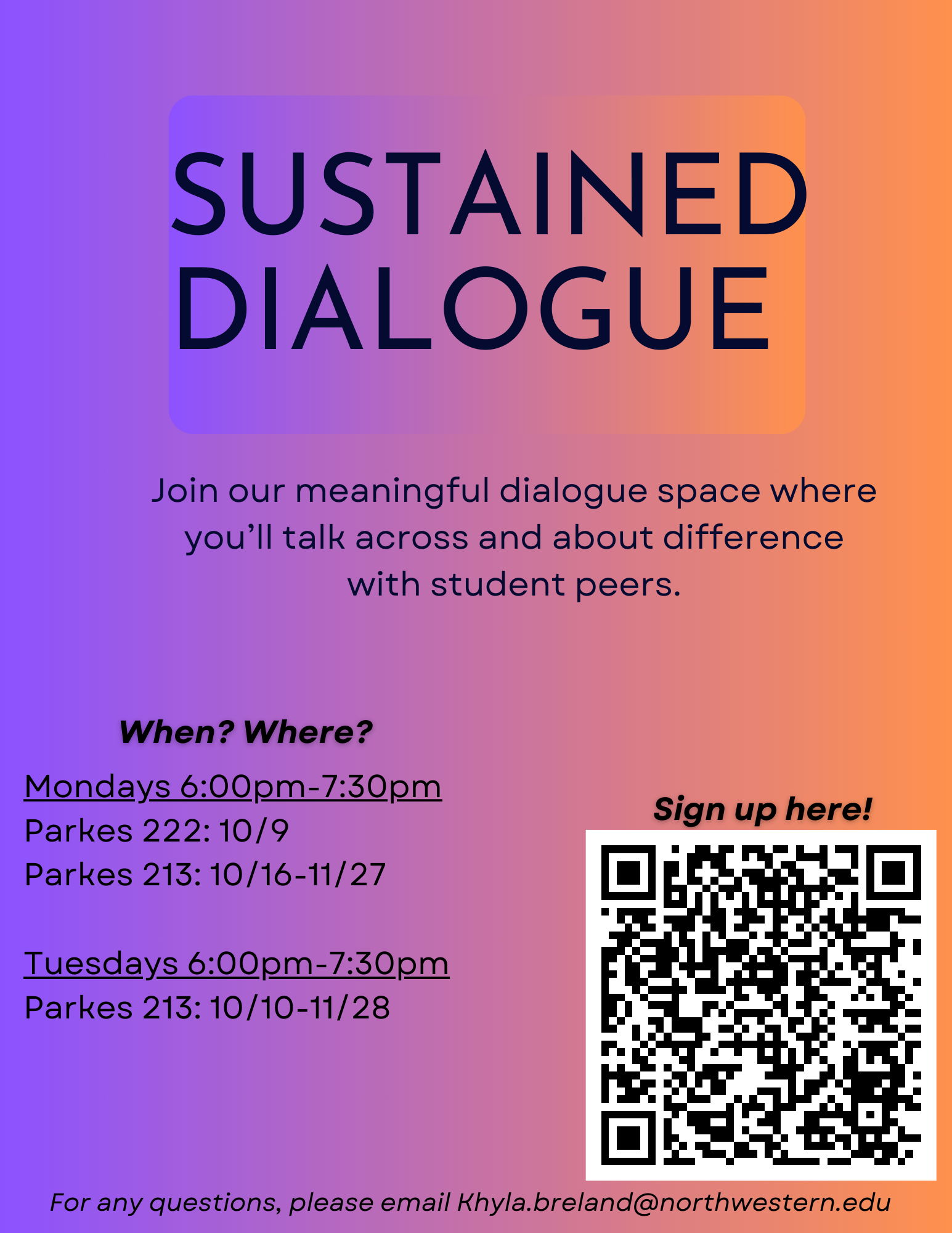 Join our meaningful dialogue space where you'll talk about and across difference with student peers.