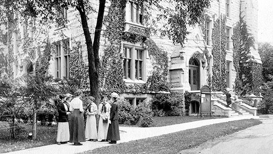 old photo of women outside University Hall