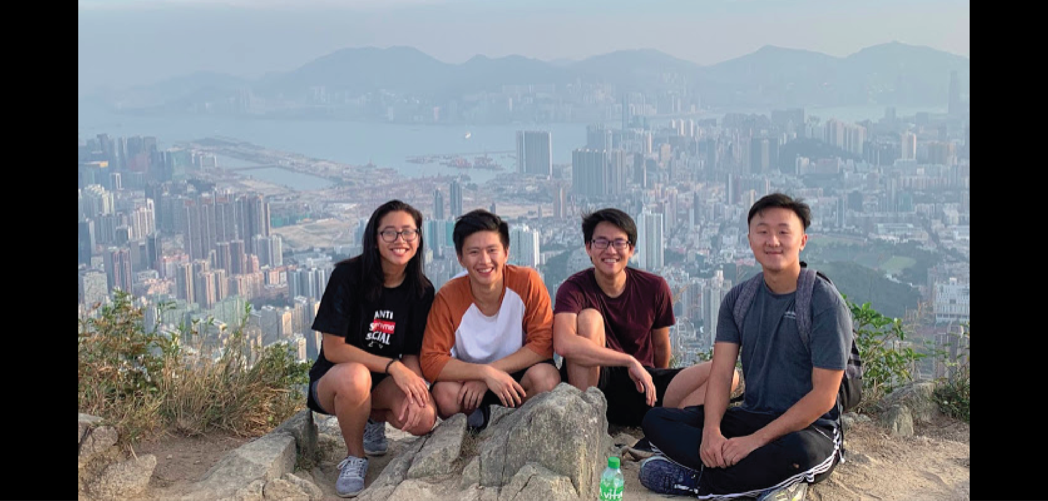 Chloe Wong with a group of exchange students on a hike at the top of Lion Rock