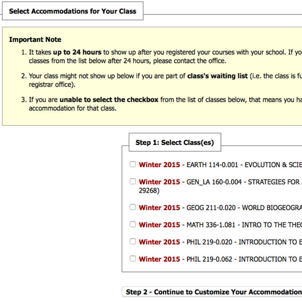 screenshot of requesting accommodations process