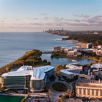 aerial view of campus with Chicago in the background