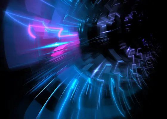 Abstract artwork showing a futuristic tunnel with glowing neon blue and pink geometric light