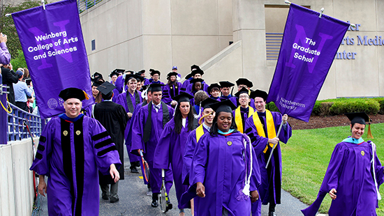 Commencement banners featuring the seal wordmark, the academic N, and Campton Bold font