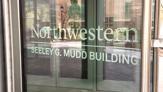 Glass door graphic, Seeley G. Mudd Building