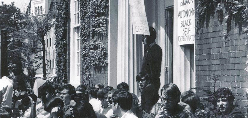 Students blocking the entrance to the Bursar’s Office in support of the takeover participants