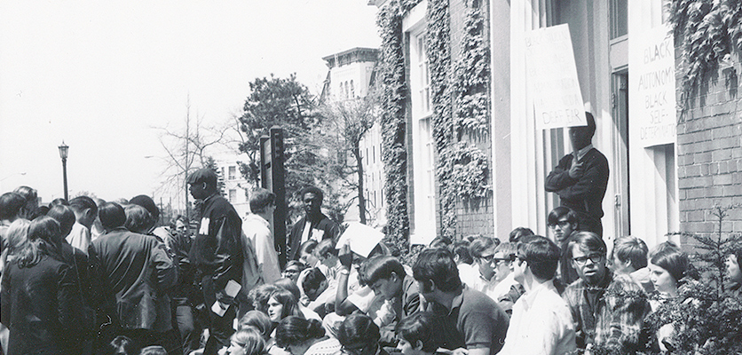 Students blocking the entrance to the Bursar’s Office in support of the takeover participants