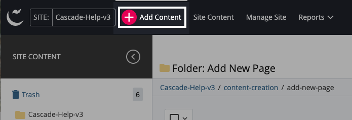 Add content button in pink in Cascade toolbar