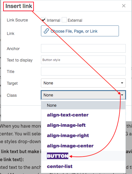 Button class as part of insert link pop up