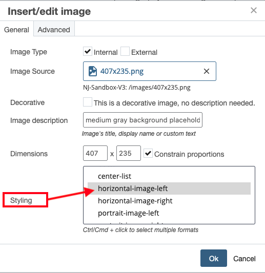 Cascade insert/edit image pop up showing general tab with CSS styles highlighted