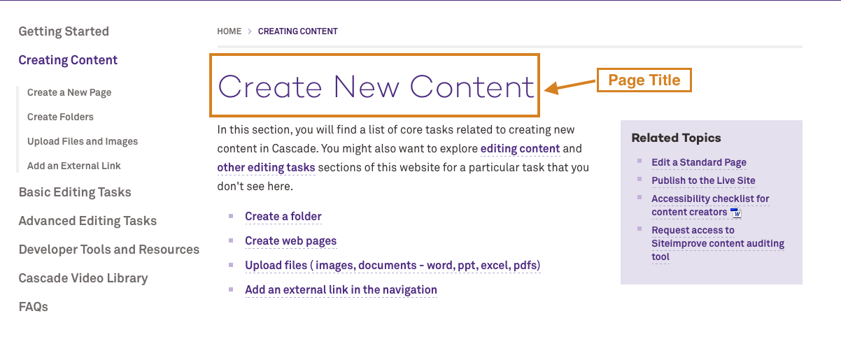 Cascade page title in the main window. Page title appears in big purple text