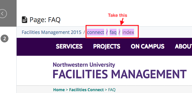 Highlighted breadcrumbs in Cascade for a page in FM site