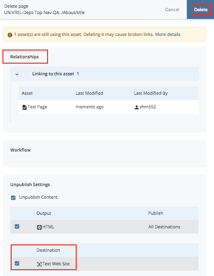 Cascade delete screen with relationships and destination fields highlighted