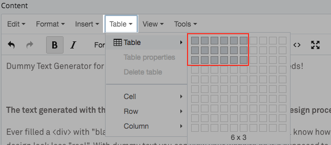 highlighted table option in WYSIWYG. Shows a table with 3 rows and 6 columns