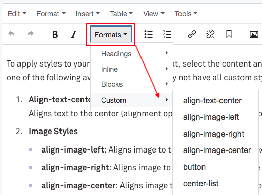 Cascade custom styles under "format" option