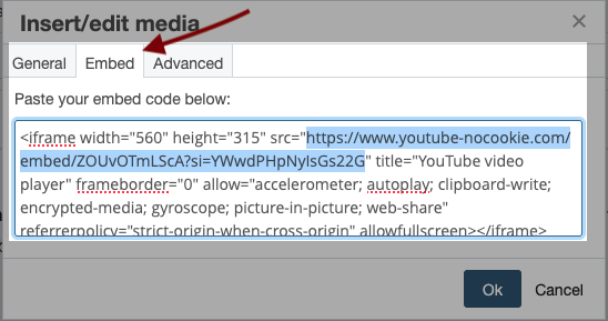 Cascade insert embed media insertion dialog box with HTML embed code.