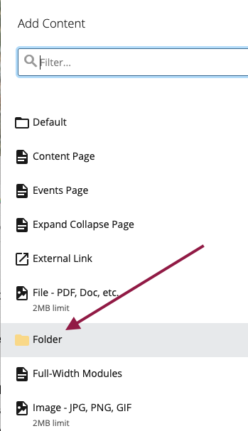 folder option highlighted in add content dropdown
