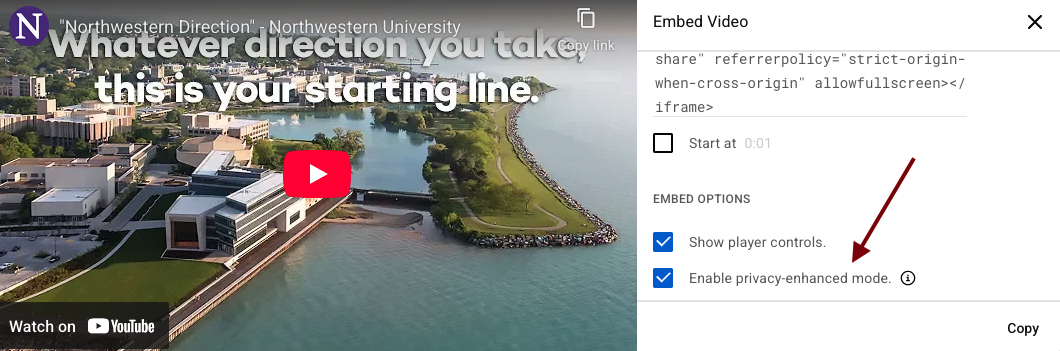 YouTube video thumbnail of Northwestern University and embed options menu.
