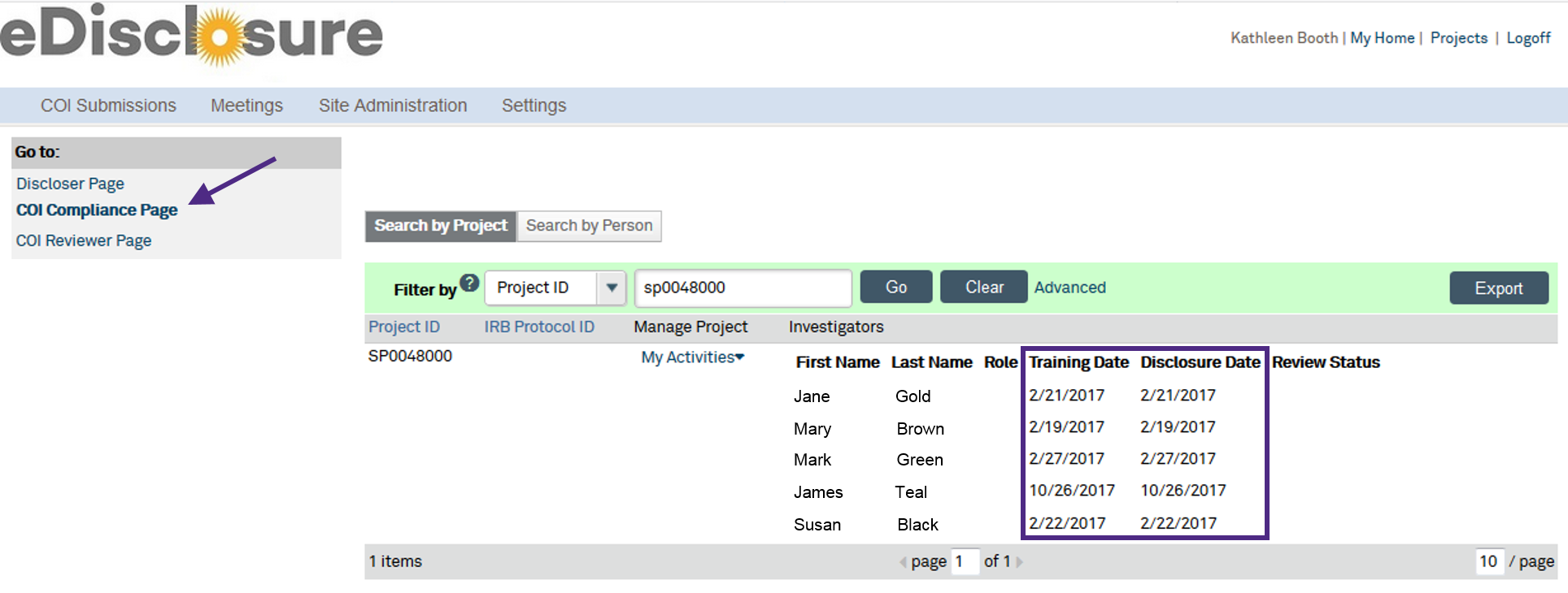 screenshot of the COI Compliance page in eDisclosure with arrows indicating where the link can be found for navigation.