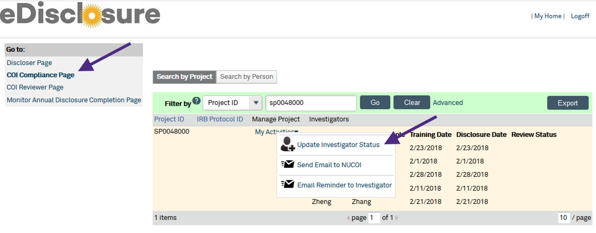 screen shot of the eDisclosure system after the My Activities dropdown menu has been clicked to display the Update Investigator Status option