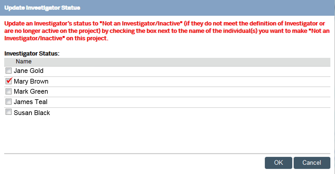 screenshot of the activity screen listing each person on the project with checkboxes to indicate that a person is not an investigator on this project