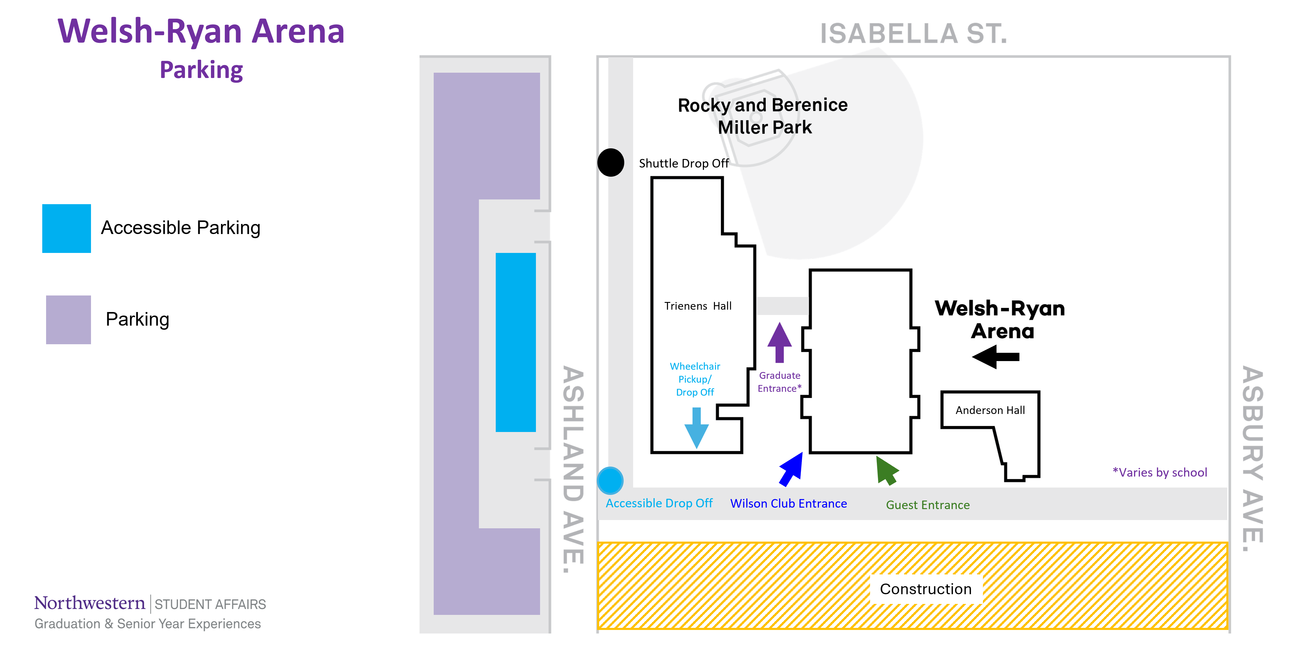 Map of Welsh-Ryan Arena's parking areas