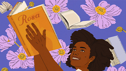 A joyful person with dark curly hair holds a book titled "Rosa" against a purple background with pink flowers and floating open books.