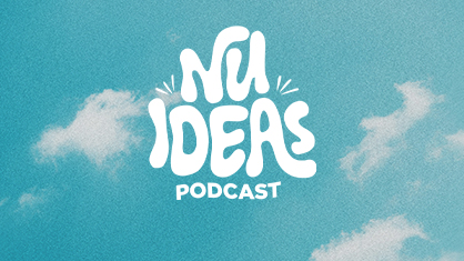 NU Ideas Podcast Logo with a blue sky background.