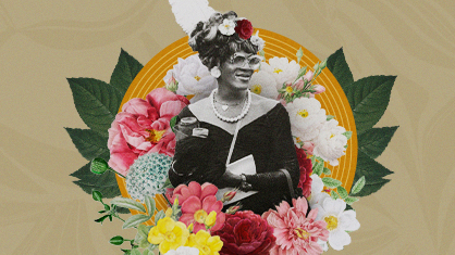 Imagery of Marsha P. Johnson in a vintage outfit with pearls and a floral headdress smiles, surrounded by vibrant flowers and green leaves on a beige background.