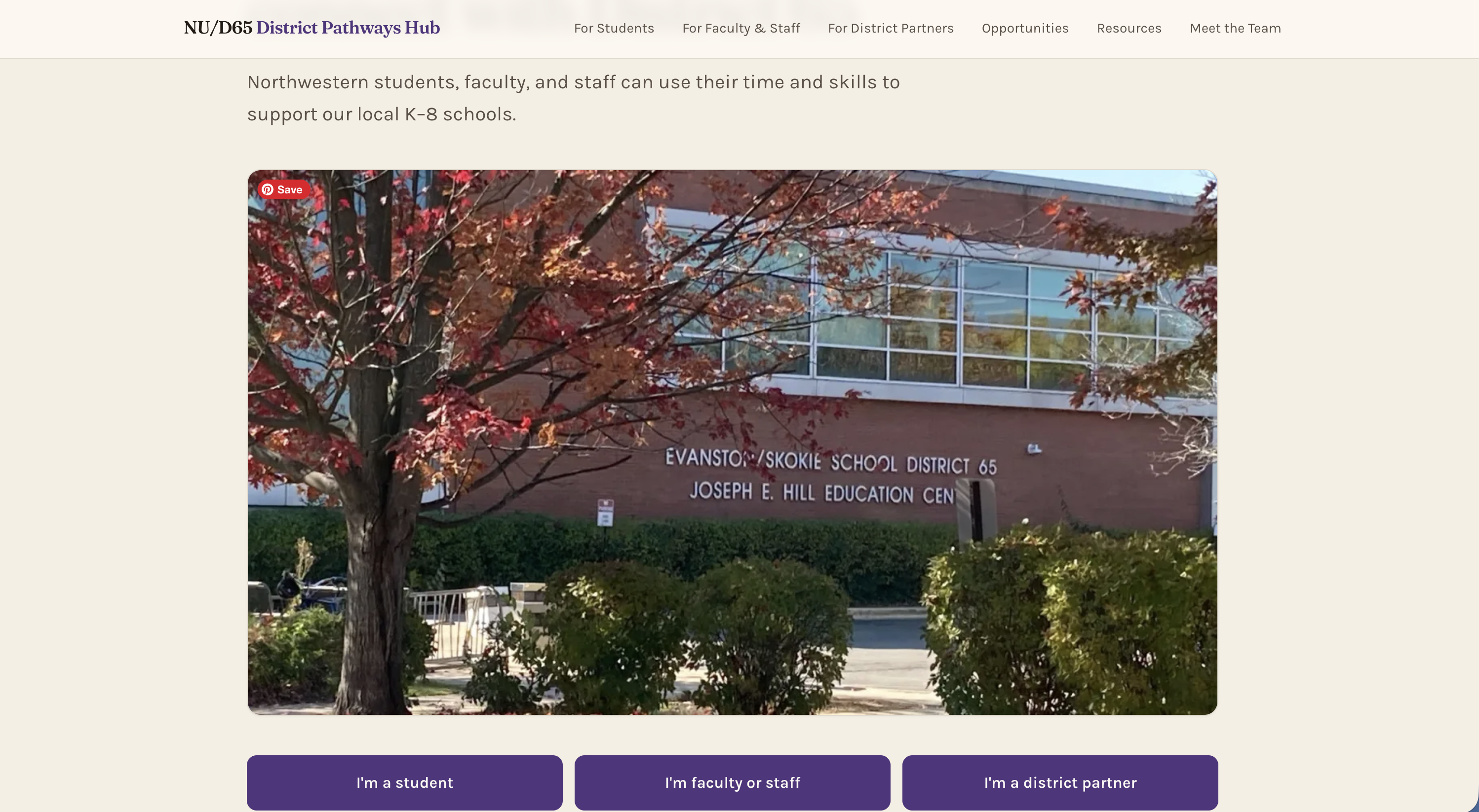 Screenshot of NU/District 65 Pathways Hub website homepage.