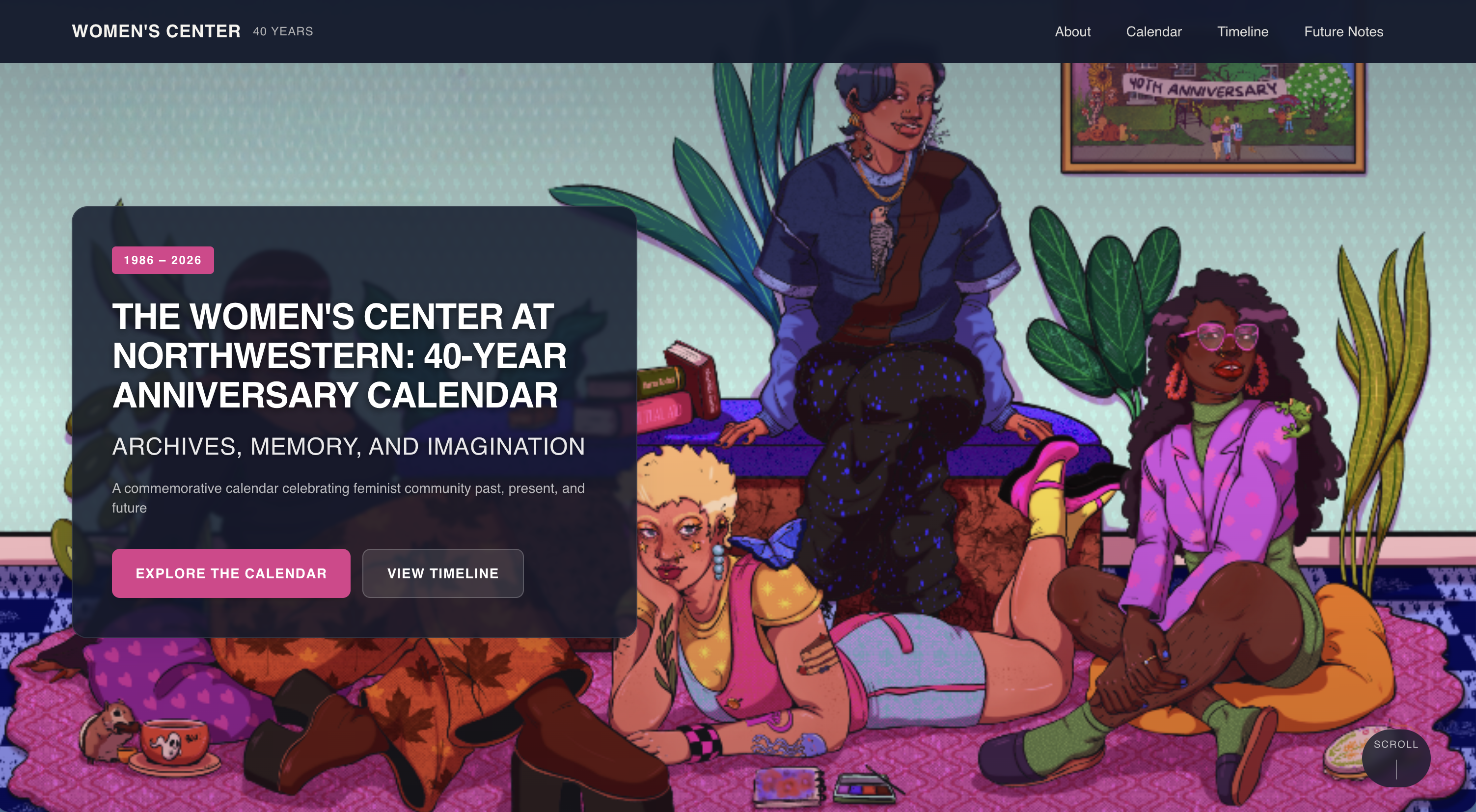 Screenshot of The Women's Center 40-year anniversary calendar homepage.
