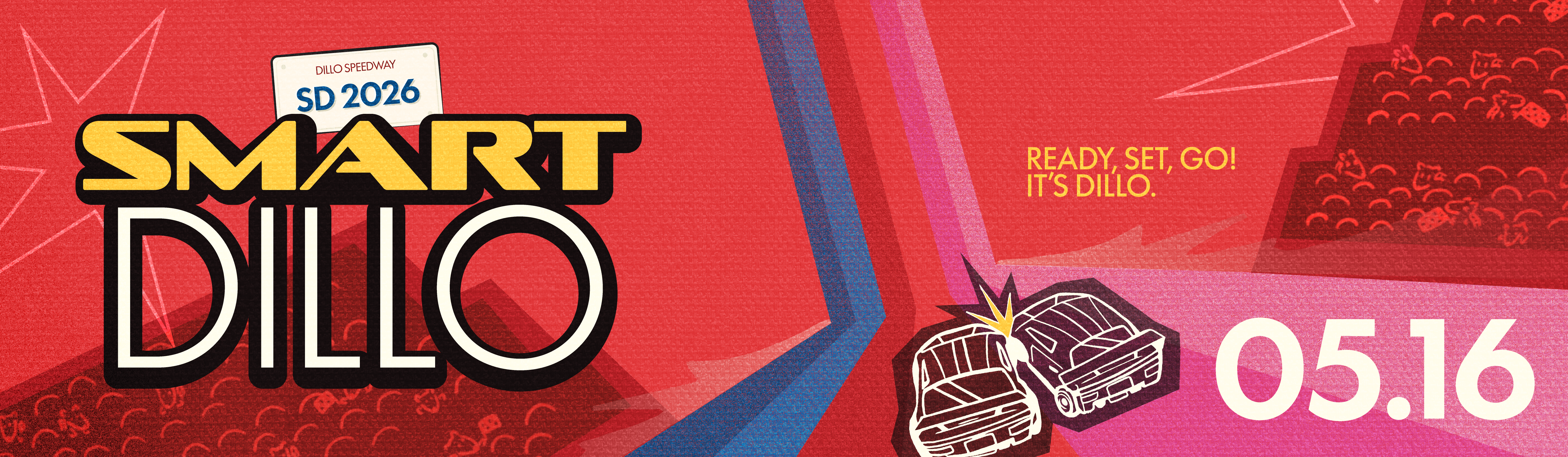 Red Smart Dillo image featuring a rainbow racetrack, two cars colliding, and stands full of armadillos.