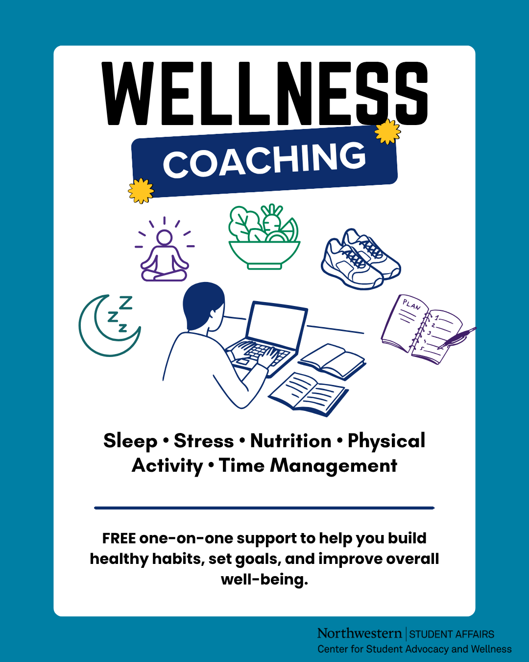 wellness coaching flyer with different dimensions of wellness surrounding a person on a laptop.