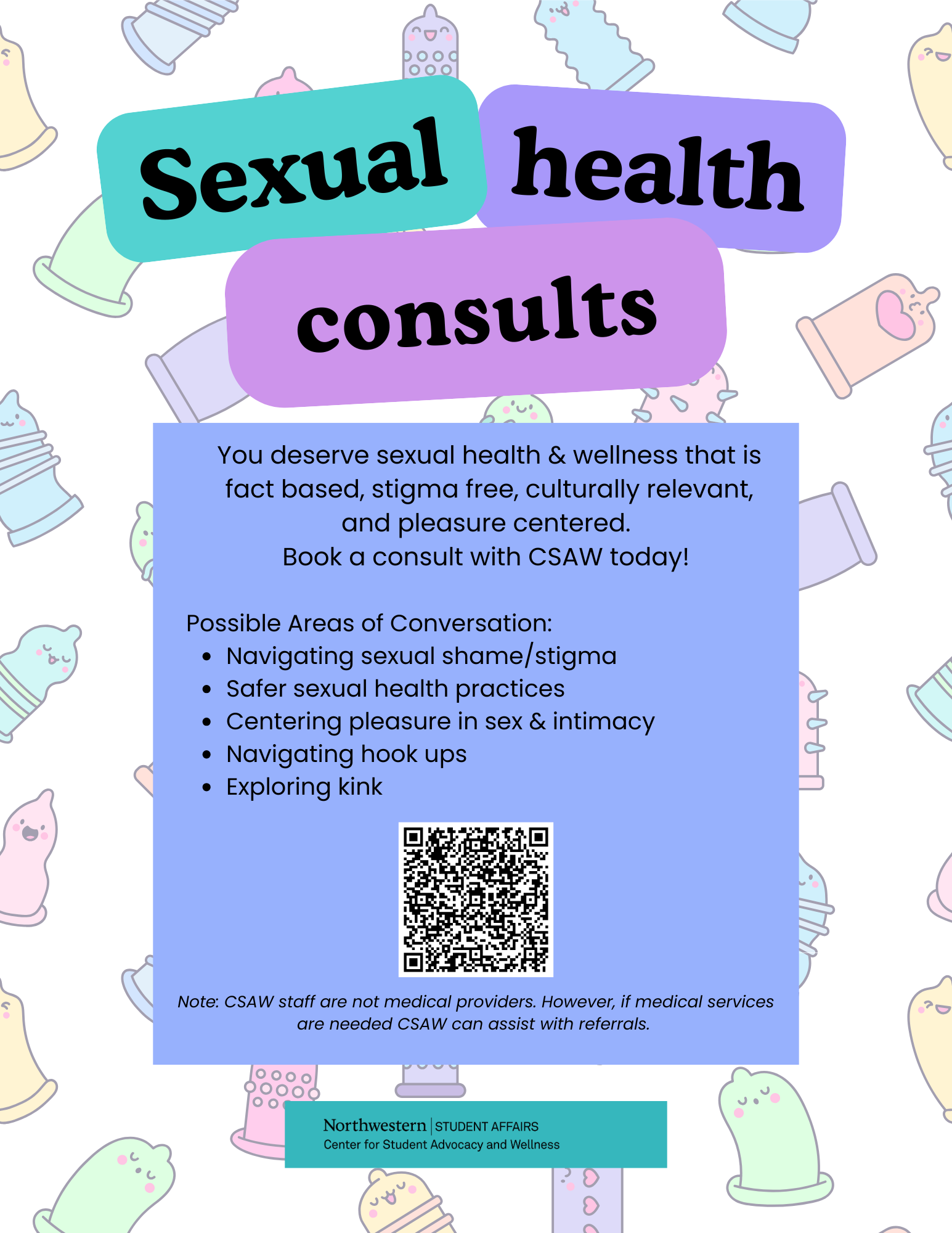 Info about sexual health consults with a fun condom pattern creating outline in many colors.