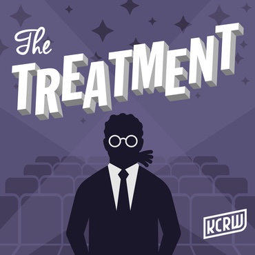 a faceless cartoon of Elvis Mitchell, a Black film critic and host of The Treatment. The background is rows of seats with two spotlights on Elvis Mitchell, signifying the center stage, with a purple background. The words “The Treatment” are hanging above in bold.