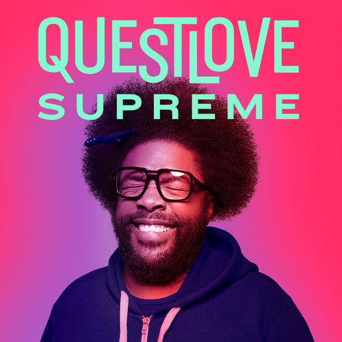 In the center features Ahmir K. Thompson, professionally known as Questlove, who is a Black, multi-talented artist most known for his musical skills as a drummer. This image shows Questlove in the center wearing a navy blue hoodie, smiling with his eyes closed wearing black, square-shaped glasses and a blue hairpick in his afro. The background shows an ombre of purple and pink, with the words “Questlove Supreme” hanging above him