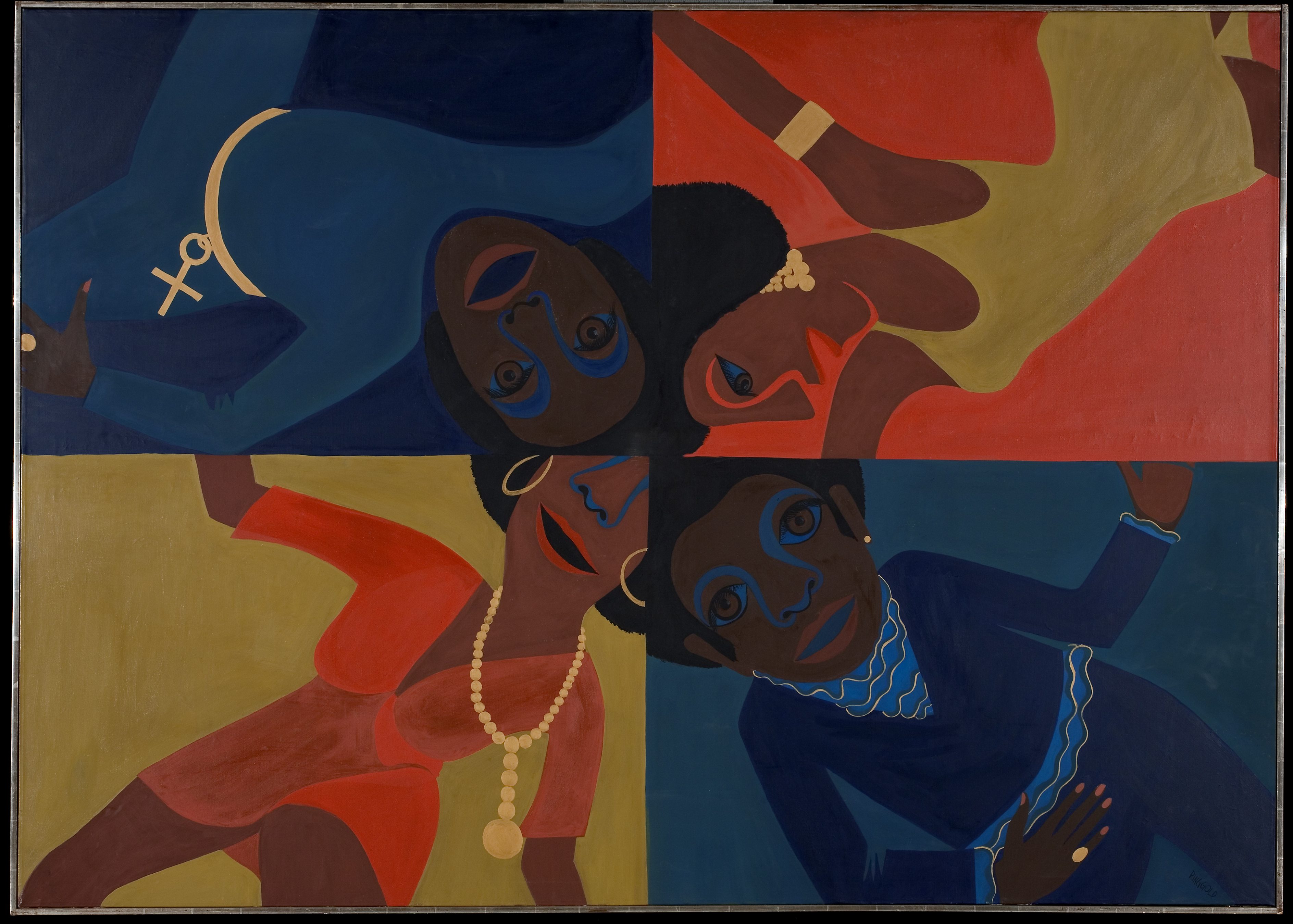 Party Time shows four Black figures, dressed in party attire and gold jewelry dancing. The four figures are in front of red, light blue, ochre, and dark blue backgrounds, oriented with their heads towards the center of the painting, dynamically occupying the space of the canvas and beyond. In this painting in particular, Ringgold achieved what she called a “poly-rhythmical space,” where action is happening on the entire canvas, not only in one small area of focus.