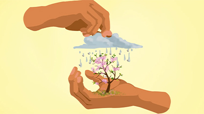 An animated image of one hand holding a tree with pink flowers blooming, and another hand hovering on top holding a cloud with rain falling on the other hand and tree. On a yellow background.