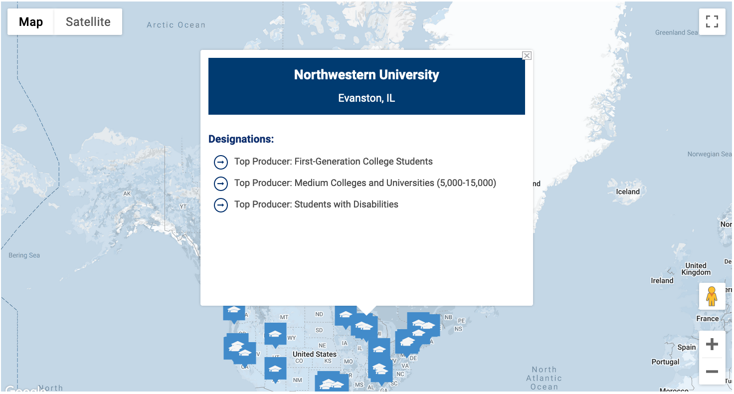 Map that shows Northwestern's rank among top producers of Gilman scholars