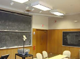 Blackboard and overhead projector.