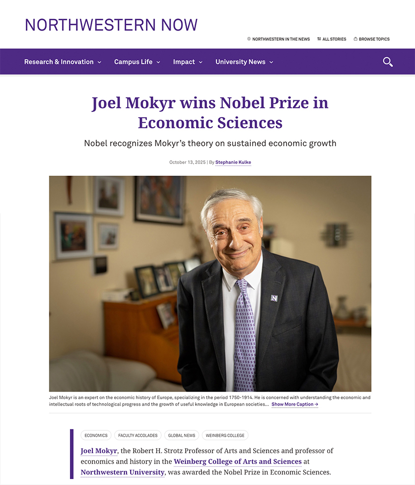 A clip of Northwestern Now article featuring Joel Mokyr