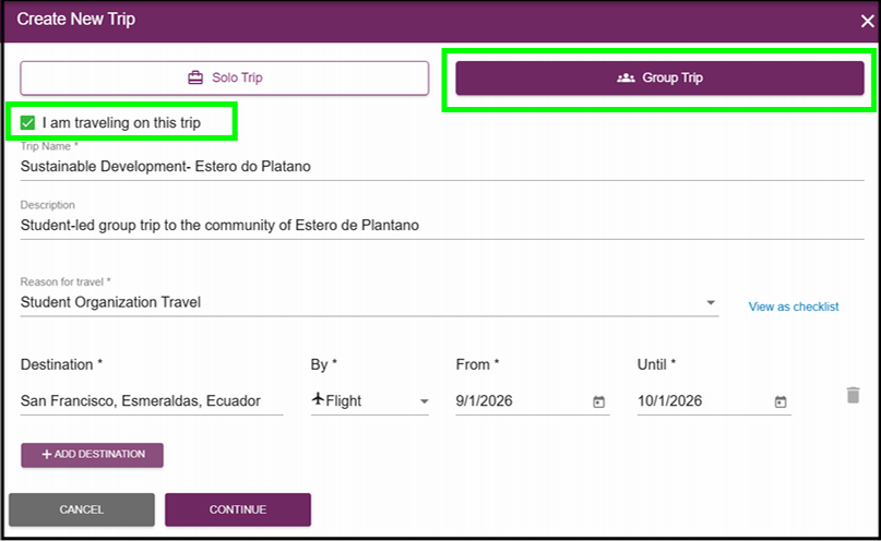 Screenshot of Travel Registry showing new group trip window