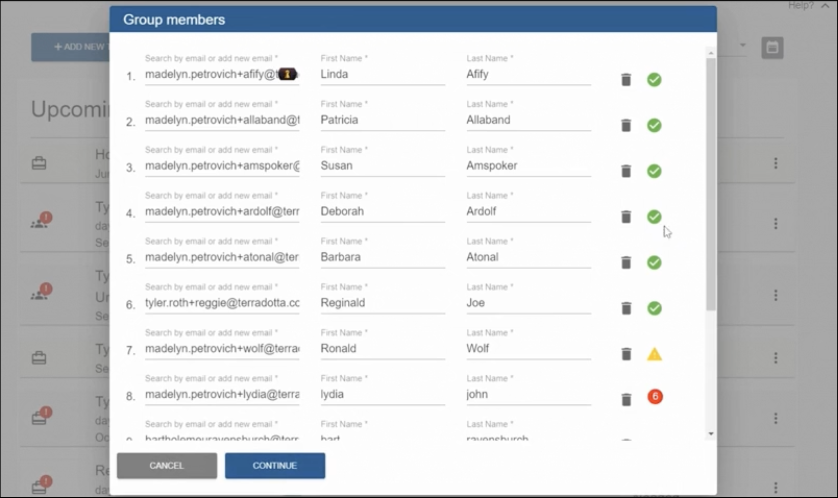 Screenshot of Travel Registry adding group members window, with icons displaying status of travelers