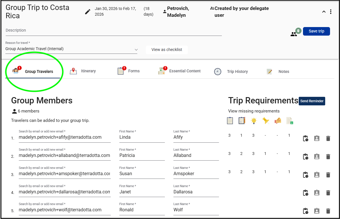 Screenshot of Travel Registry Group Travelers requirements tab